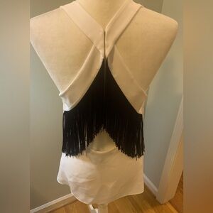 BCBGMaxAzria white w/black fringe halter top, size S